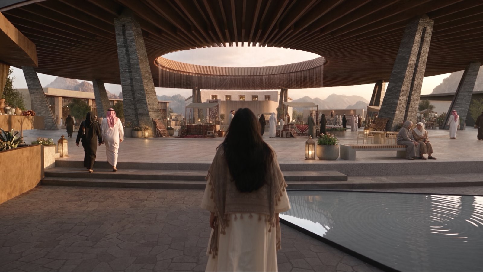 Skywell film still — the same plaza at dusk, Amira arriving past the water