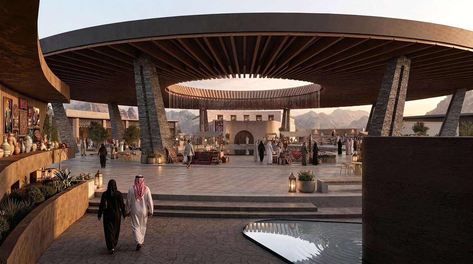 Skywell client render — the main plaza under the canopy, looking toward the majlis