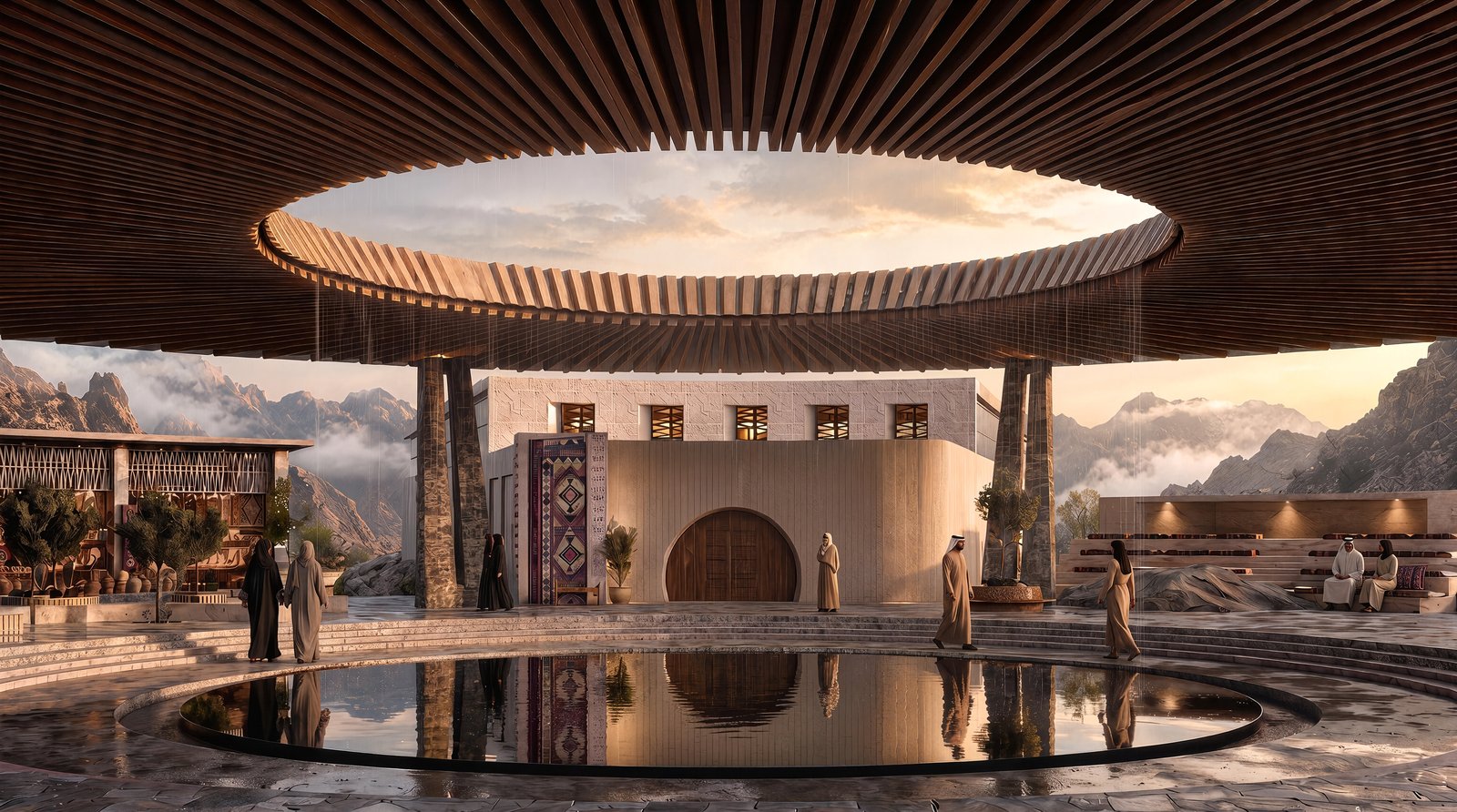 Skywell client render — the oculus courtyard and reflecting pool