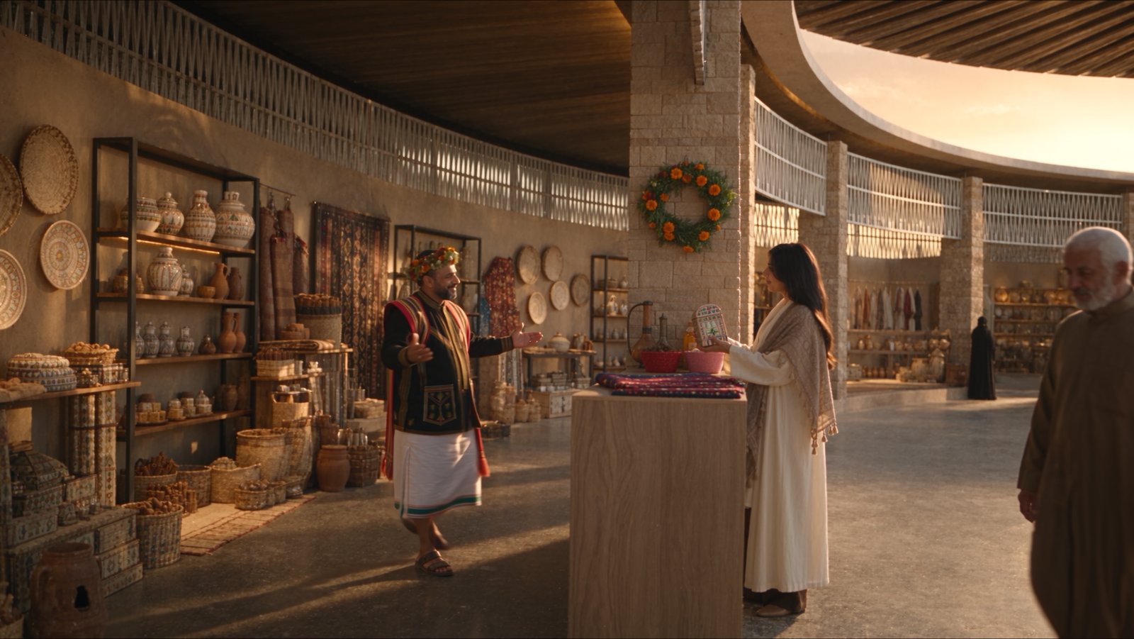 Skywell film still — inside the same souq, a seller welcoming Amira