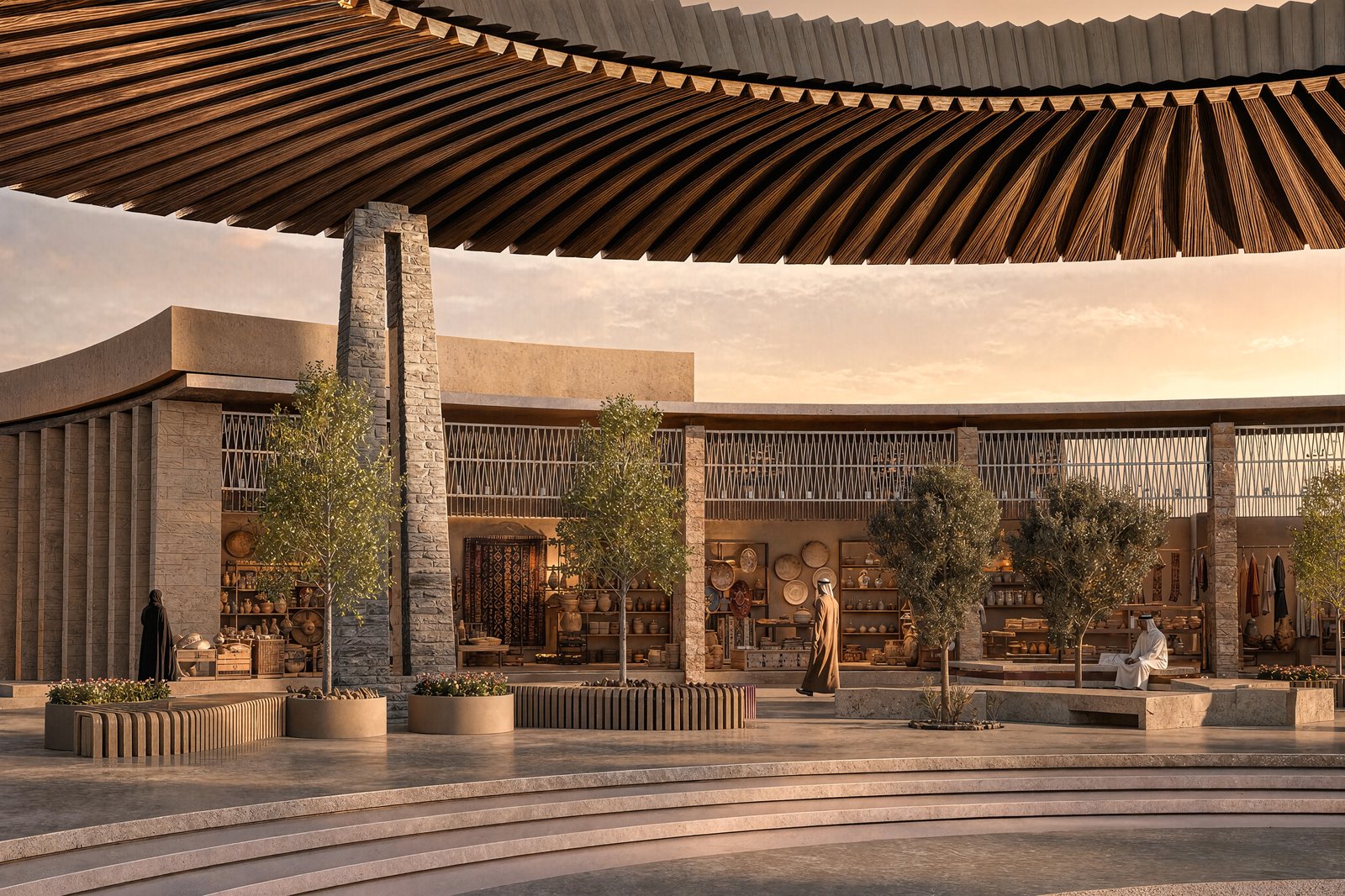 Skywell client render — the souq frontage under the canopy edge