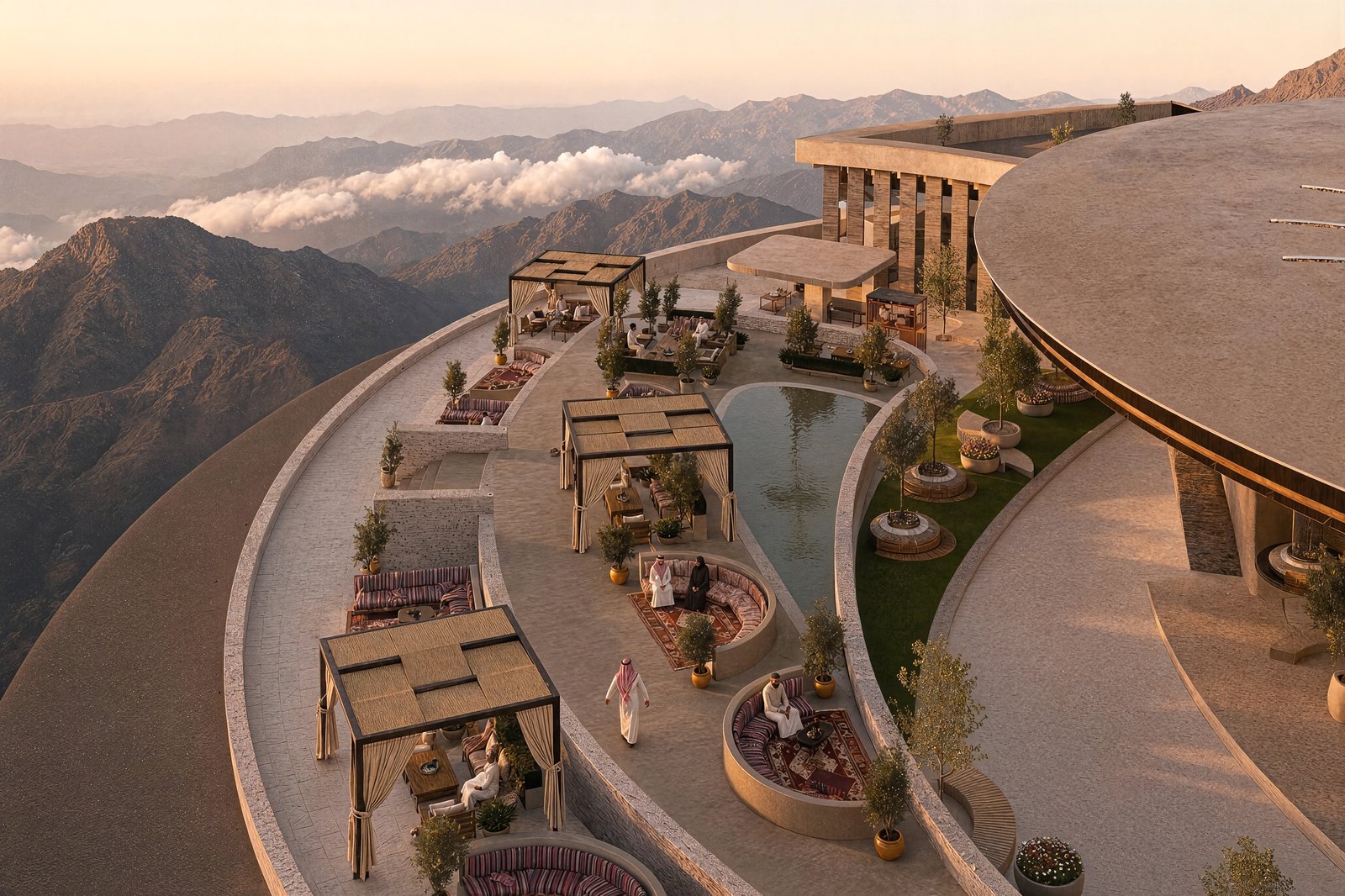 Skywell client render — the terraced majlis seating above the valley